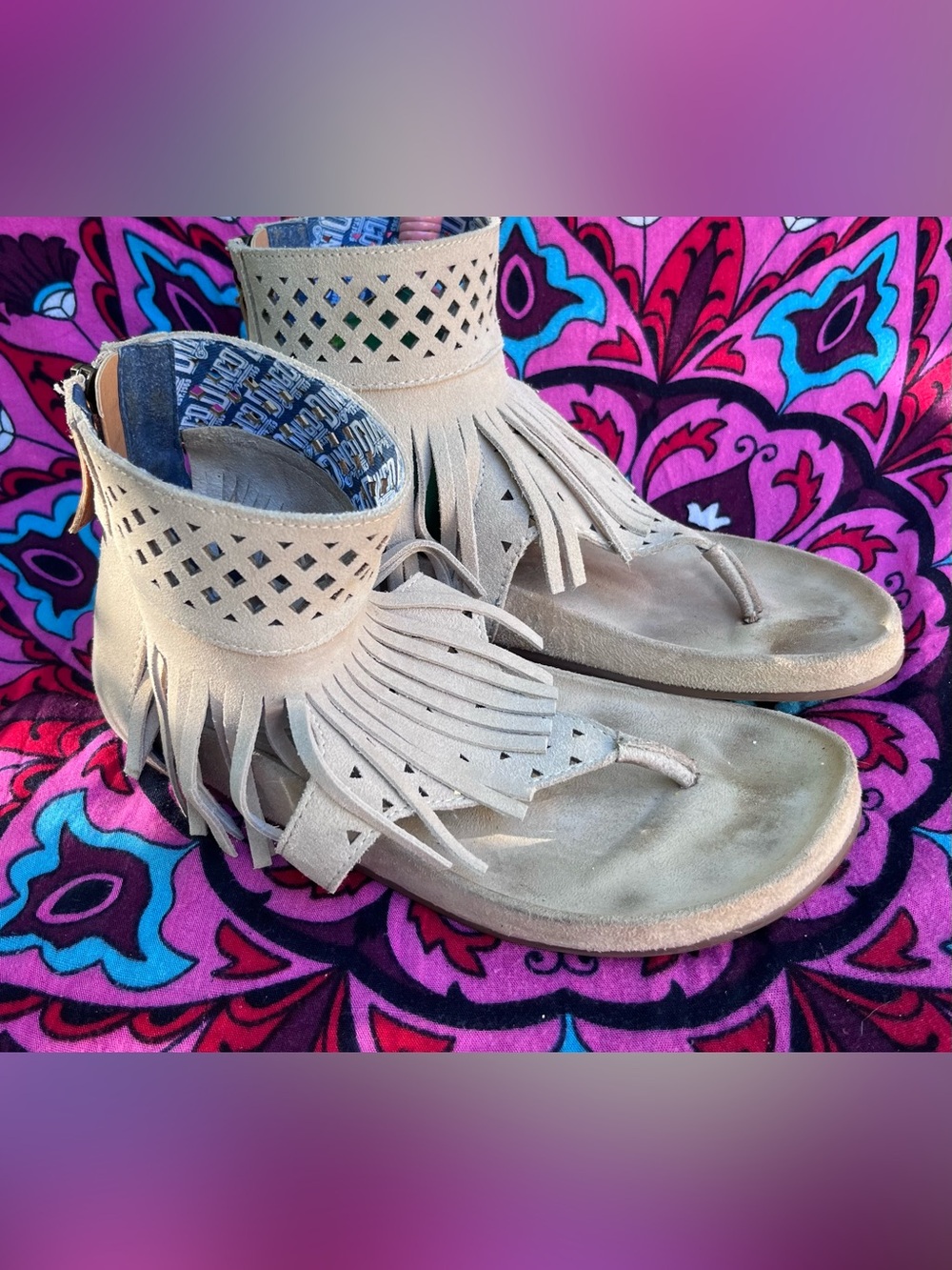 dingo Beige Fringe Ankle Cuff Sandals